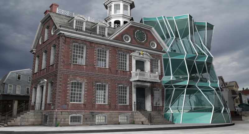 A photo of a building, which has been edited with 3D rendering to look like the building is being repaired with glass. By Rupert Nesbitt.