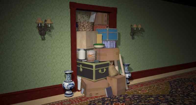 3D rendering of a room that is full of so much stuff that it is coming out of the doorway. By Rupert Nesbitt.