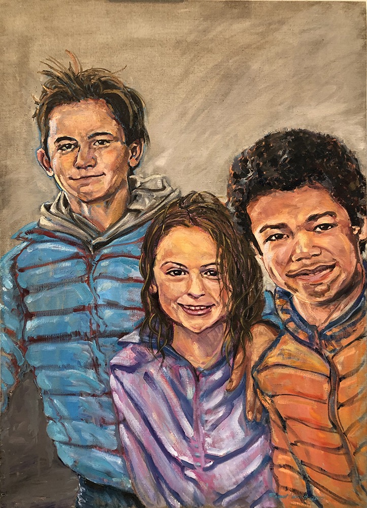 Photo of a completed portrait of 3 kids, painted by Rupert Nesbitt.