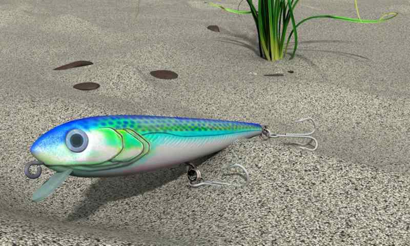 3D rendering of a fishing lure at the bottom of a shallow pond. By Rupert Nesbitt.