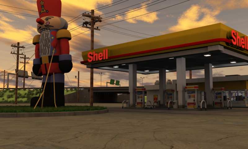 3D rendering of a massive nutcracker outside of a Shell gas station. By Rupert Nesbitt.