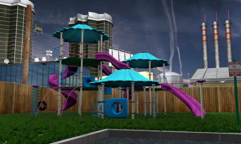 3D rendering of a child's playground, outside of a manufacturing plant. By Rupert Nesbitt.