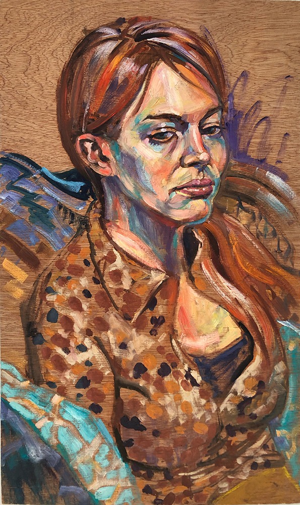 Photo of a completed portrait of a woman, painted by Rupert Nesbitt.
