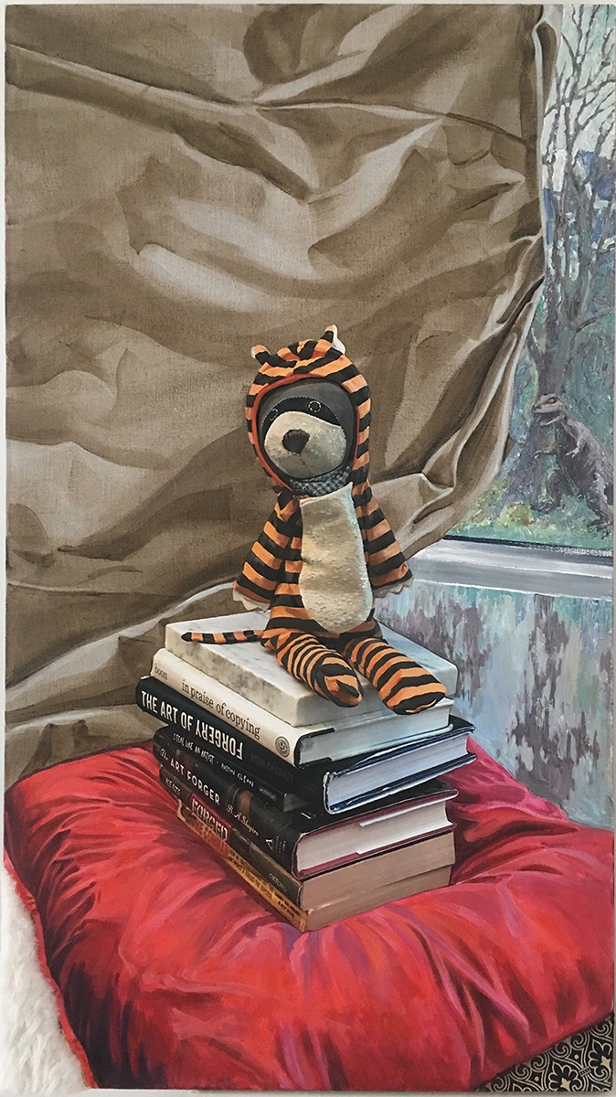 Portrait as Raccoon in Tiger Suit, a mixed media painting by Rupert Nesbitt