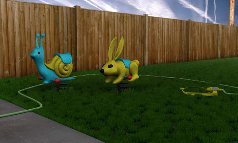 3D rendering of rabbit and snail spring rider, with a sprinkler on the grass. By Rupert Nesbitt.