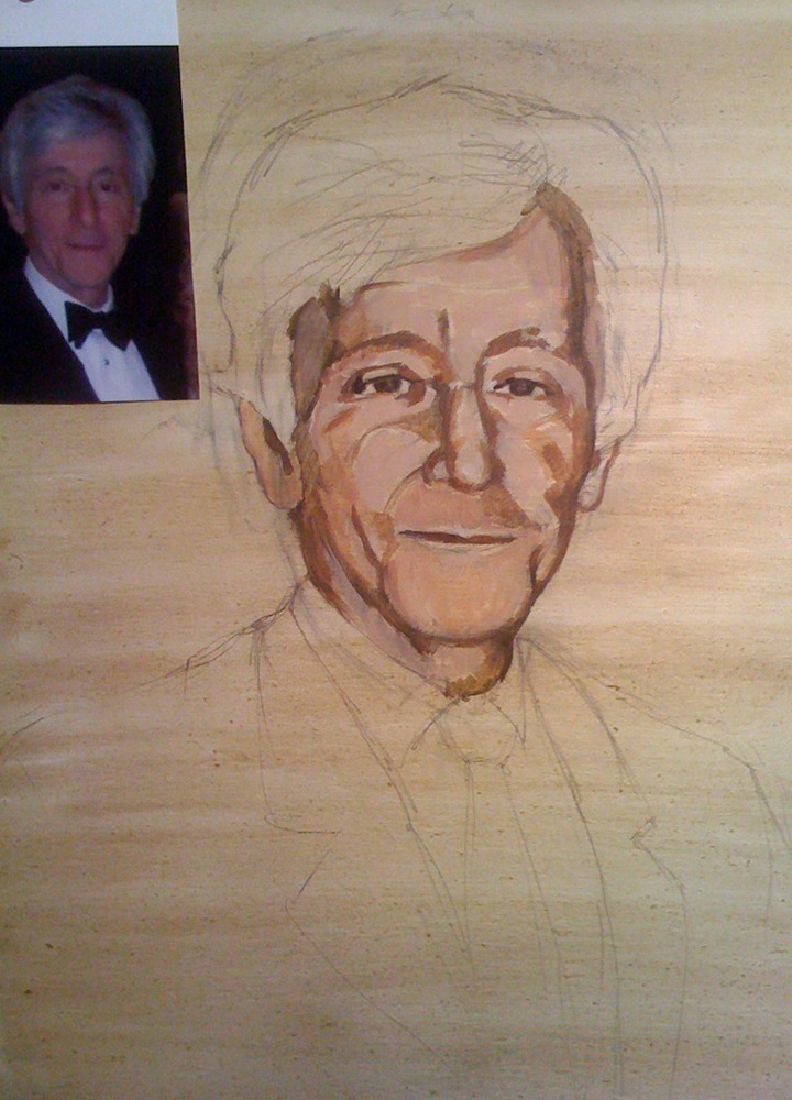 Photo of a portrait that is in progress of being painted by Rupert Nesbitt.