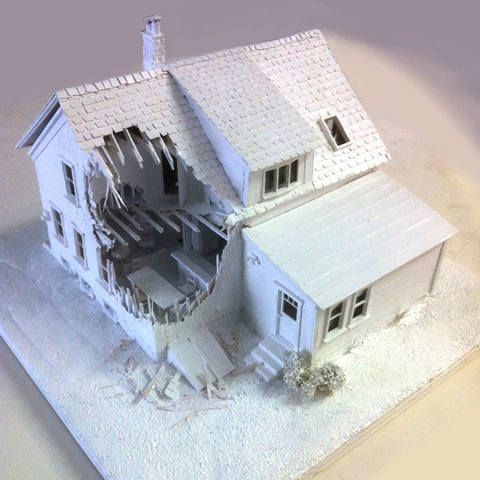 A diorama of a house, made by Rupert Nesbitt. 12”x12”x5”, Paper, Styrene, Stereolithography, 2012